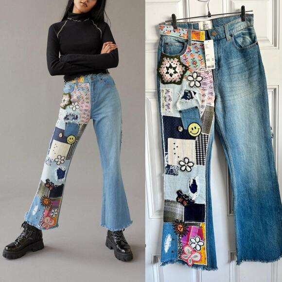 Urban Outfitters BDG patchwork high rise flare jeans NWT size 26 - Picture 1 of 7